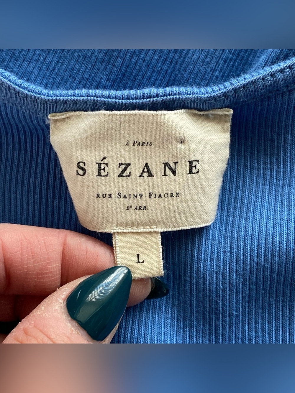 Sezane Bleuet Maia Ribbed Twist Front Top Size Large Quiet Luxury Best Seller - Picture 11 of 15